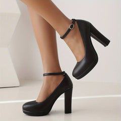 Solid Block Heel Buckle Strap Pumps