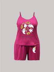 Ghost & Candy Print Pajama Set Women's High Stretch Cami Top & Shorts