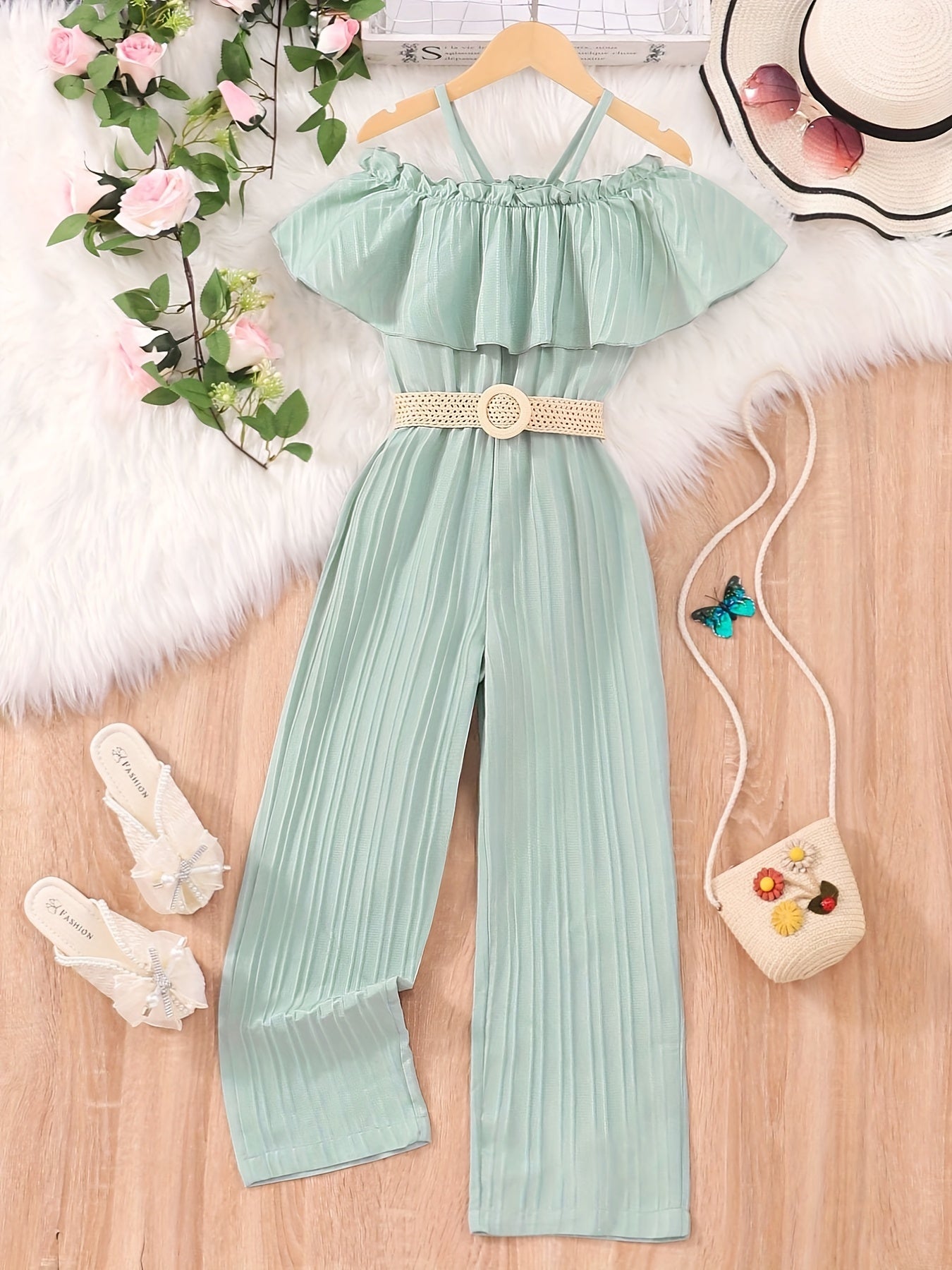 Girls' Ruffle Trim Cold Shoulder Jumpsuit with Belt