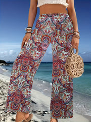 Paisley Print Wide Leg Pants Boho Elastic Waist Long Length Pants