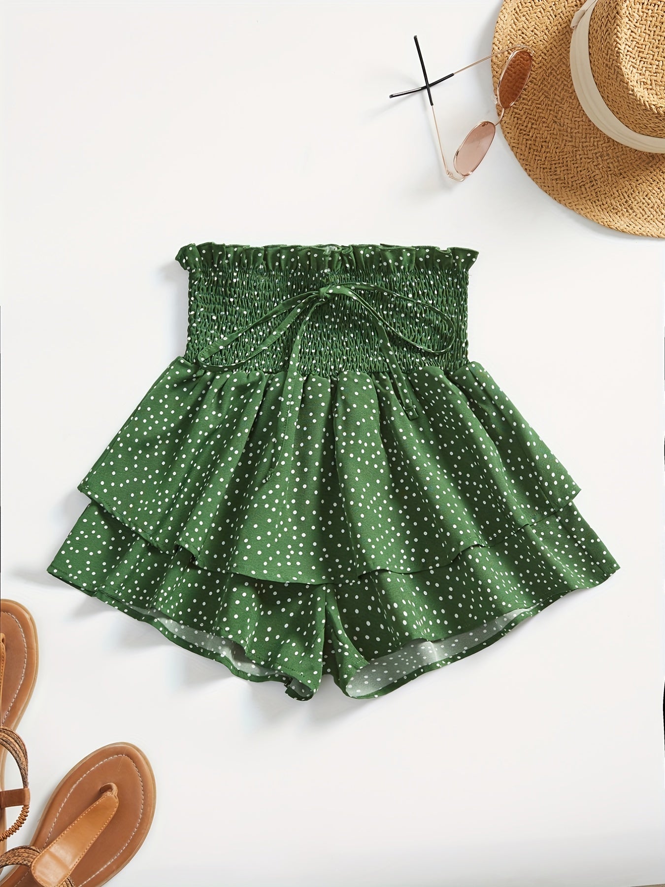 Polka Dot Layered Shorts Ruffle Trim Shirred Waist Shorts