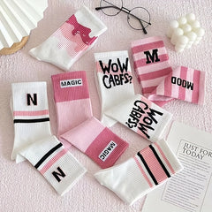 7 Pairs Letter Print Striped Socks Women's Stockings