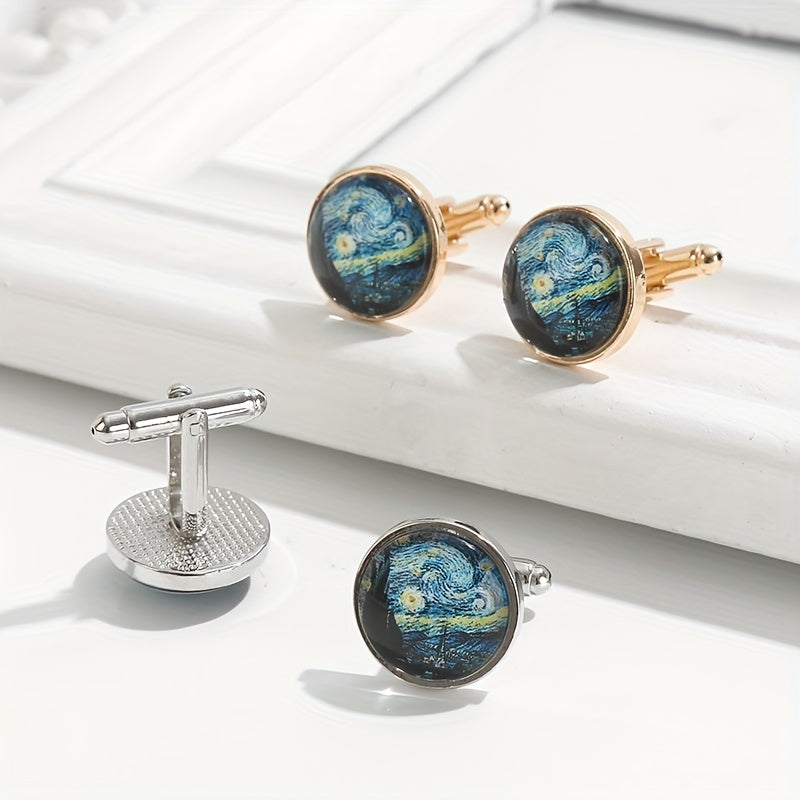 2pcs Starry Night Gemstone Men's Cufflinks Retro Metal Cufflinks