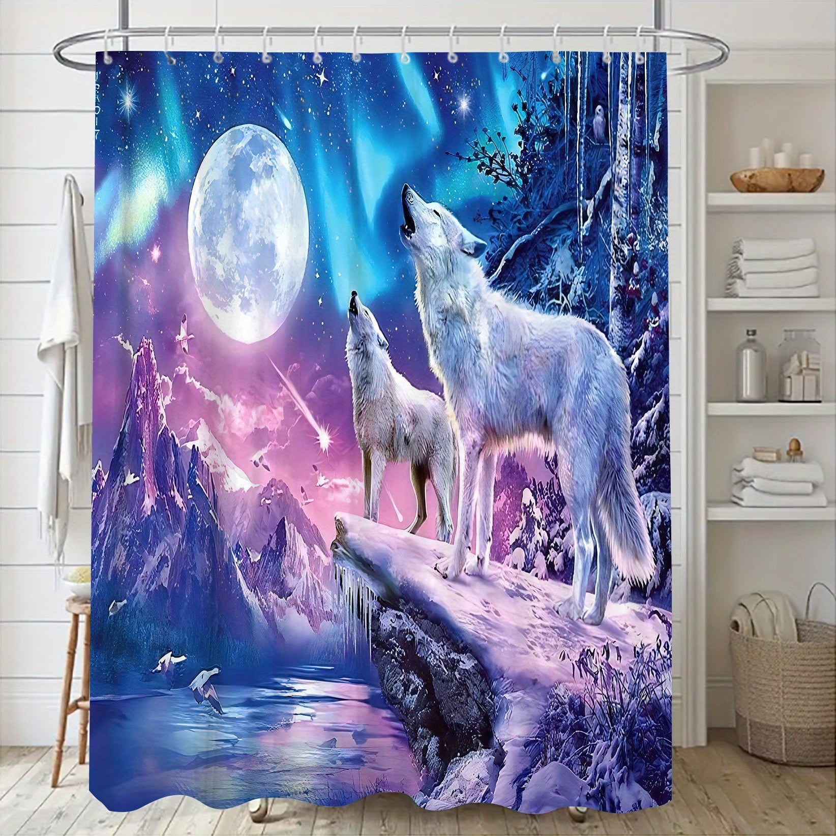 Moon Wolf Shower Curtain Set with 12 Hooks and Toilet Covers