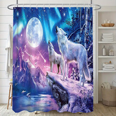 Moon Wolf Shower Curtain Set with 12 Hooks and Toilet Covers