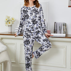 Women's Leaves Print Warm Long Sleeve Pajama Set