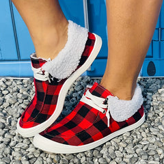 Women's Red Plaid Print Warm Sneakers Lightweight Comfortable Flat Sneakers