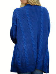 Solid Cable Long Sleeve Open Front Cardigan With Pockets