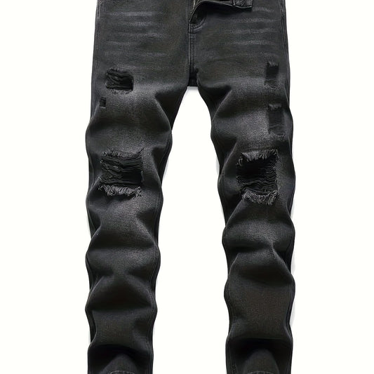 Slim Fit Ripped Jeans Mens Casual Street Style Solid Distressed Denim Pants
