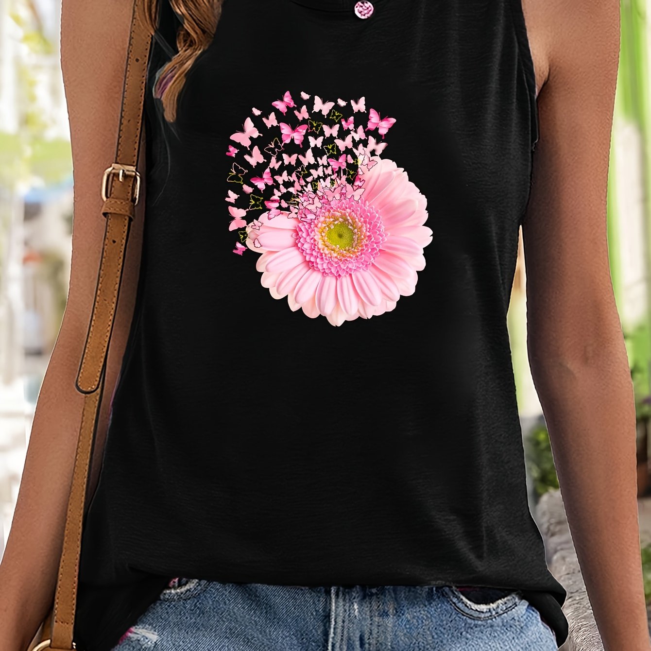 Butterfly & Floral Print Sleeveless Sports Vest Round Neck