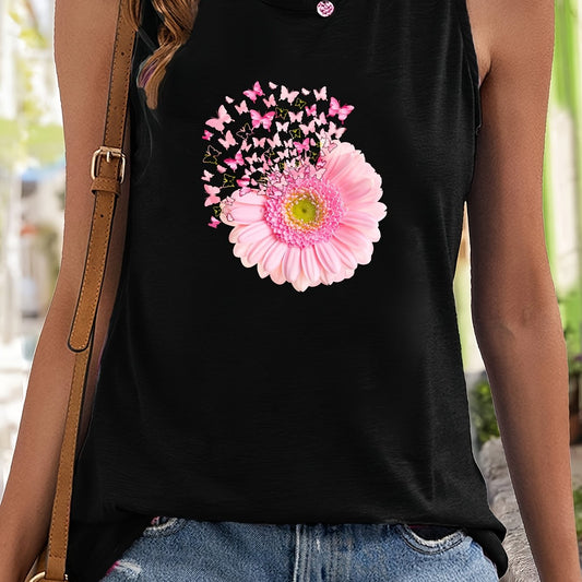 Butterfly & Floral Print Sleeveless Sports Vest Round Neck