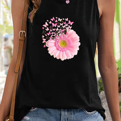 Butterfly & Floral Print Sleeveless Sports Vest Round Neck