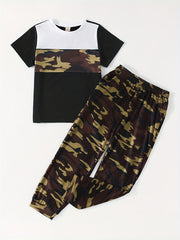 2pcs Boys Camo Short Sleeve Tees & Long Trousers Sets Summer Kids Outfits