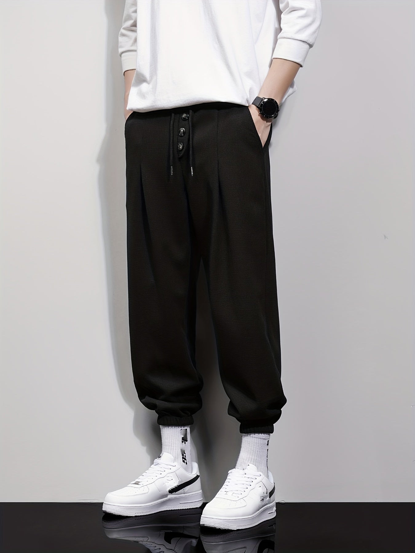 Men's Drawstring Button Wrinkle Pocket Sweatpants Loose Jogger Pants