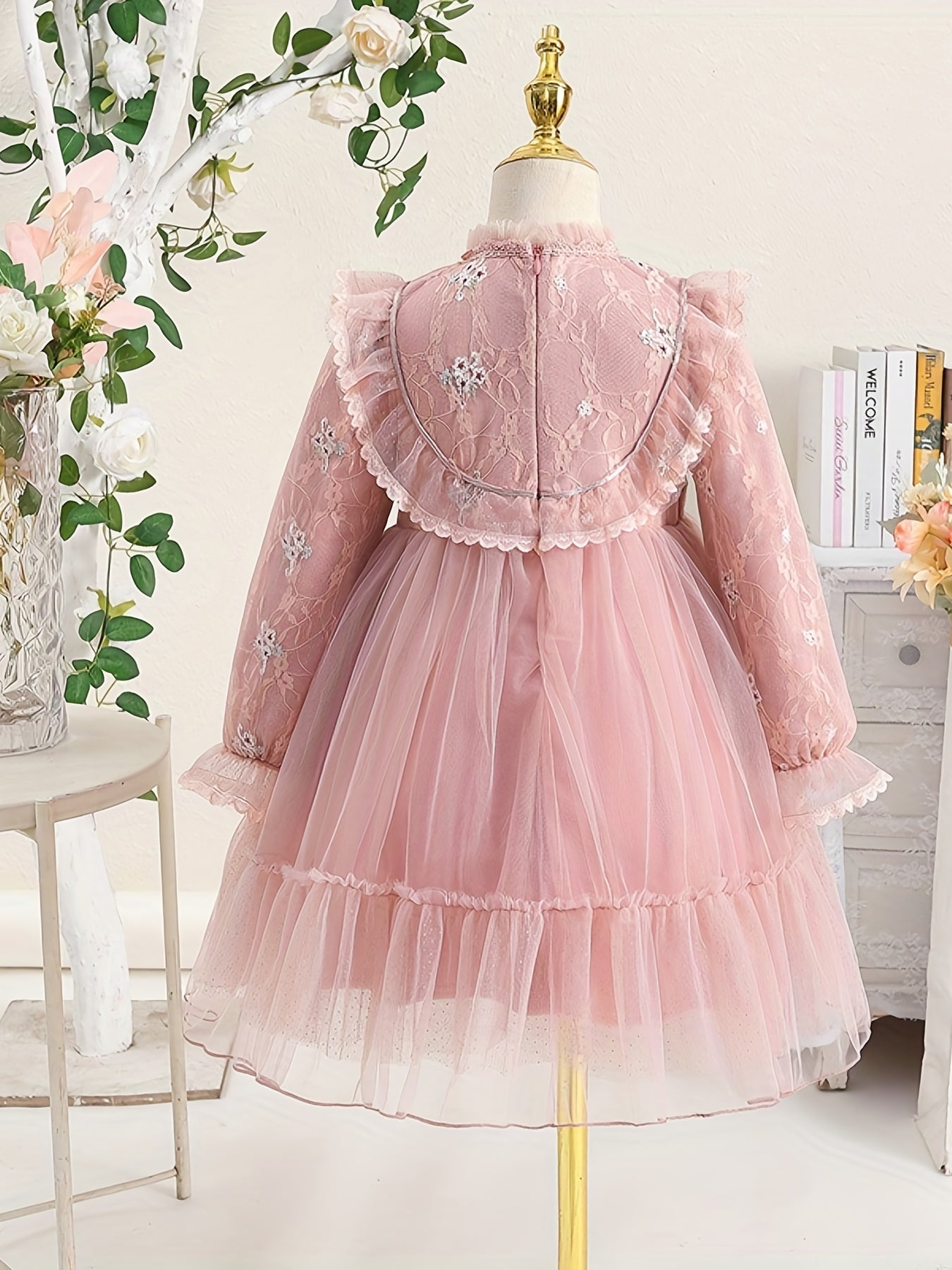 Girls' Lace Embroidered Princess Dress with Tulle