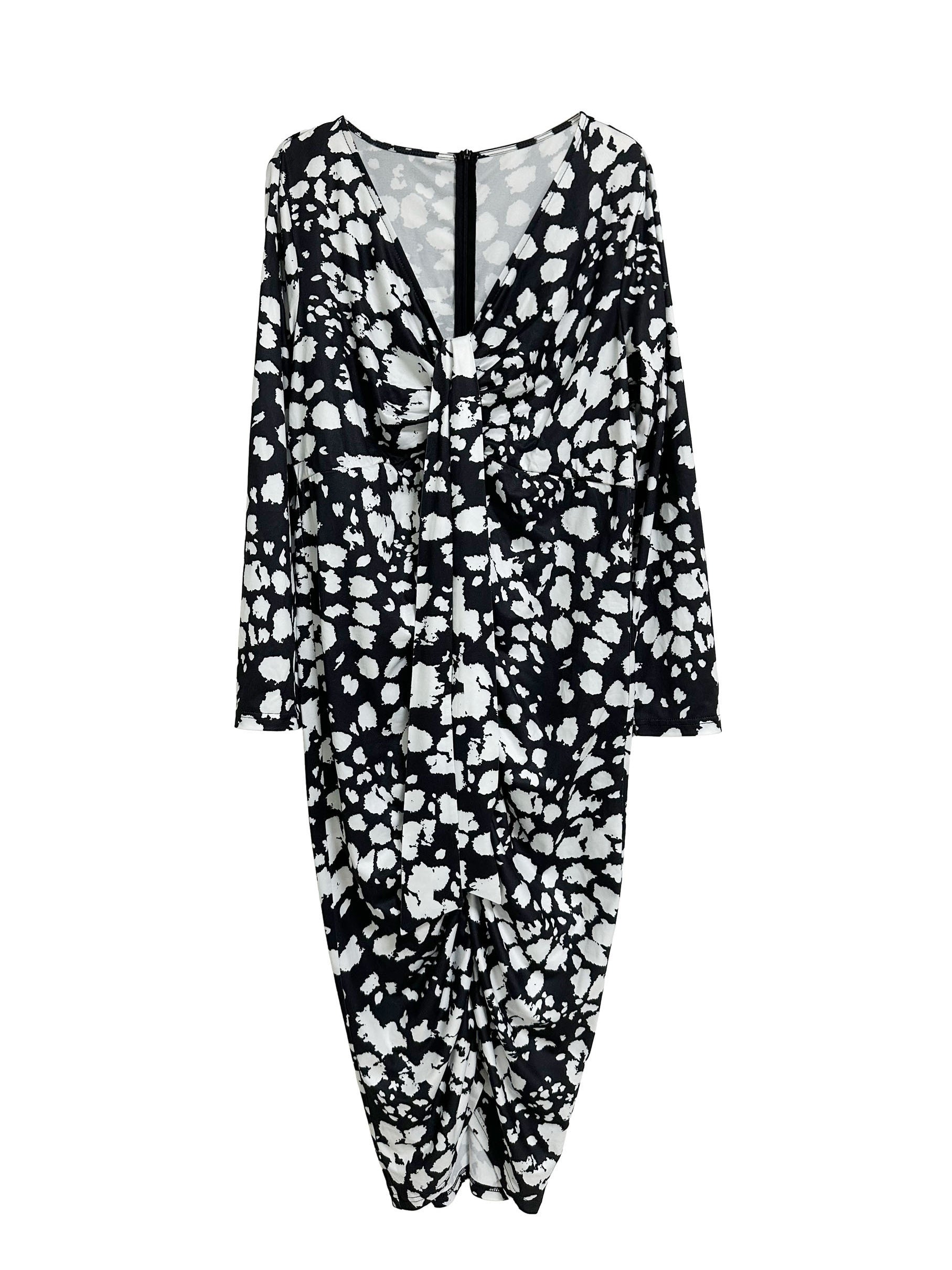 Allover Print V Neck Long Sleeve Ruched Dress