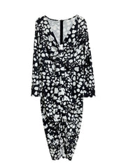 Allover Print V Neck Long Sleeve Ruched Dress