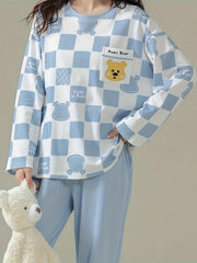 Bear Print Pajama Set Long Sleeve Top & Lounge Pants Women's Sleepwear