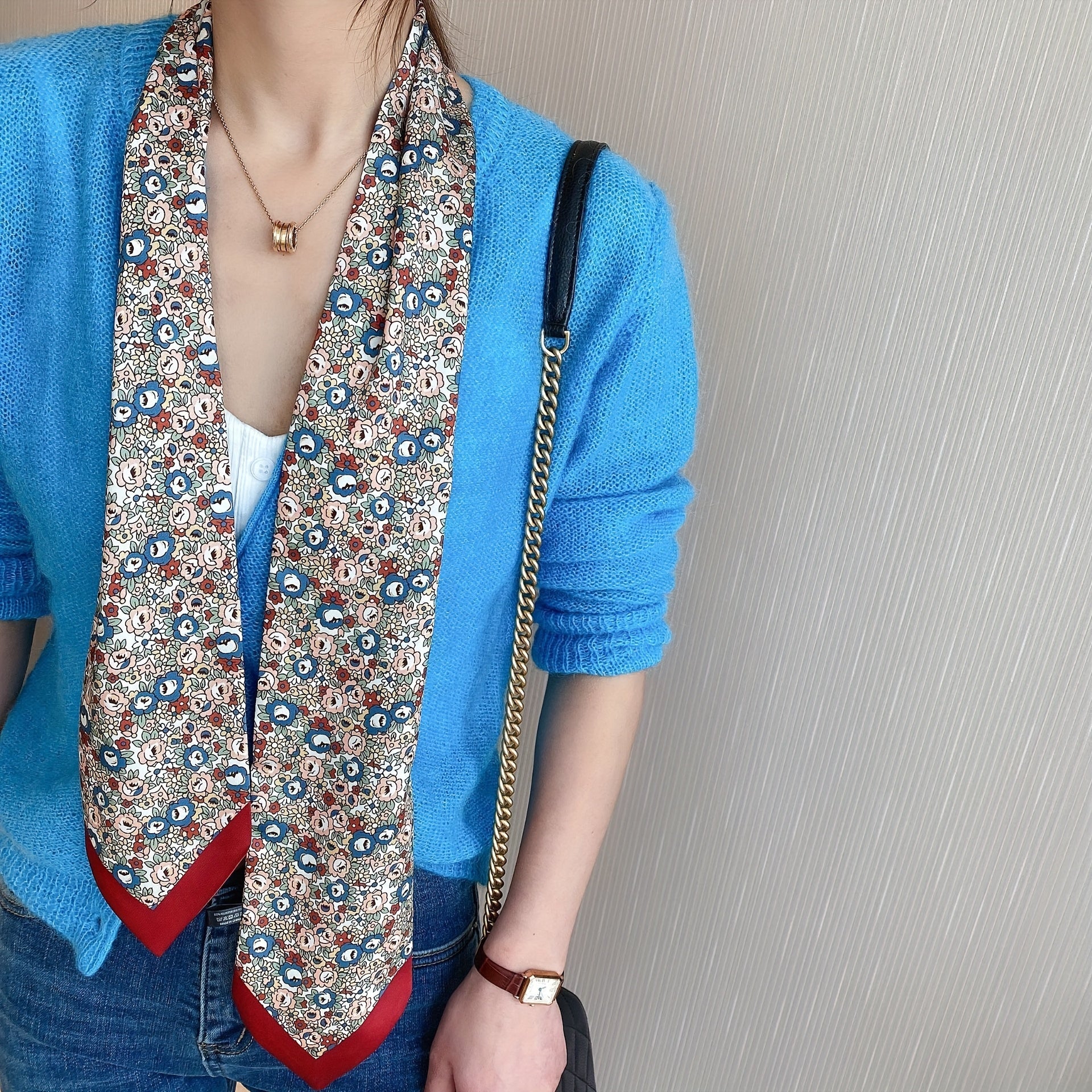 Red Floral Print Skinny Scarf Silk Hair Ribbon Neckerchief Twilly
