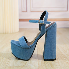 Women's Denim Platform Pumps Casual Open Toe Ankle Strap Chunky Shoes