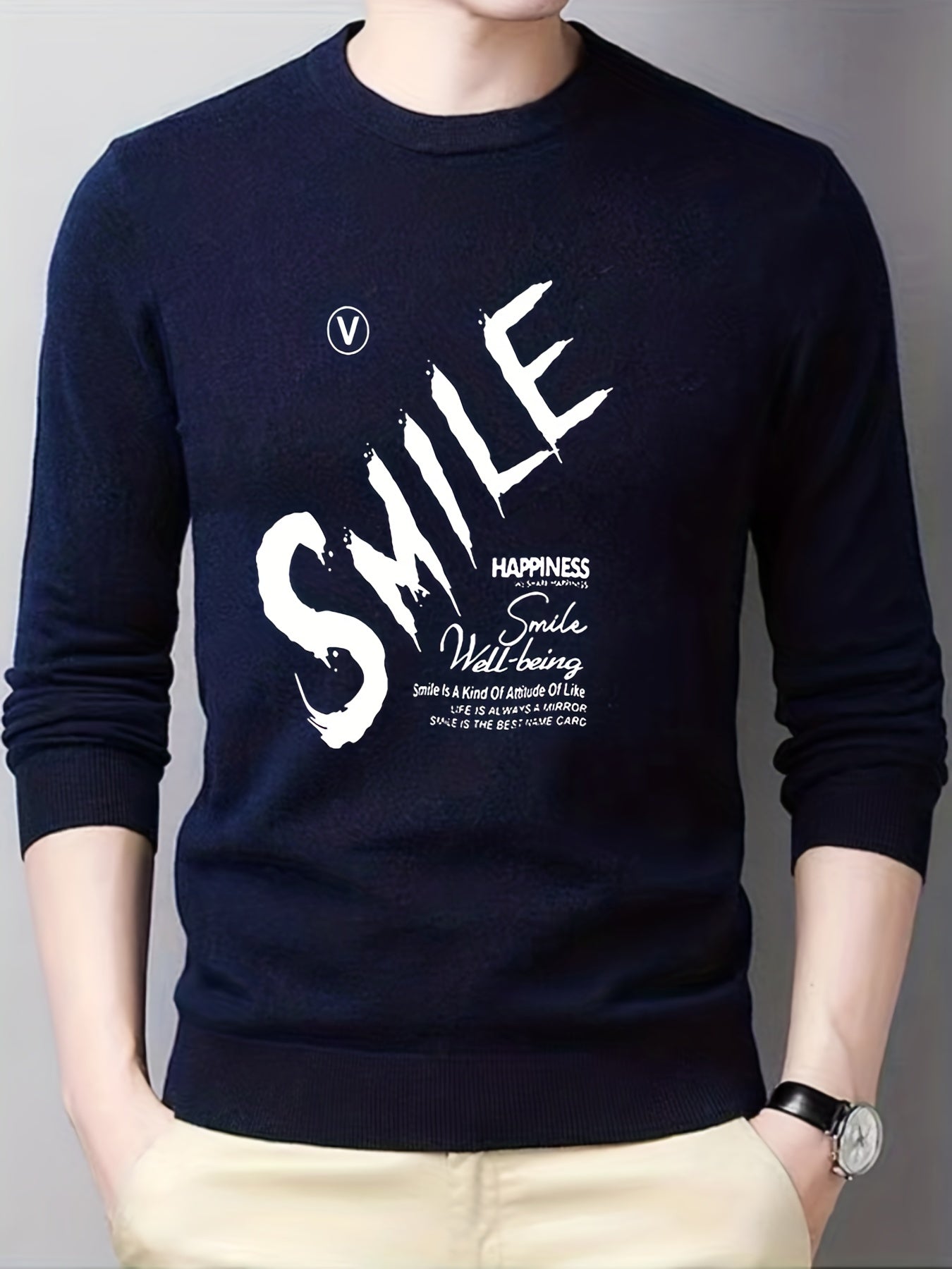 Smile Knitted Sweater Men's Casual Warm Crew Neck Pullover for Fall Winter