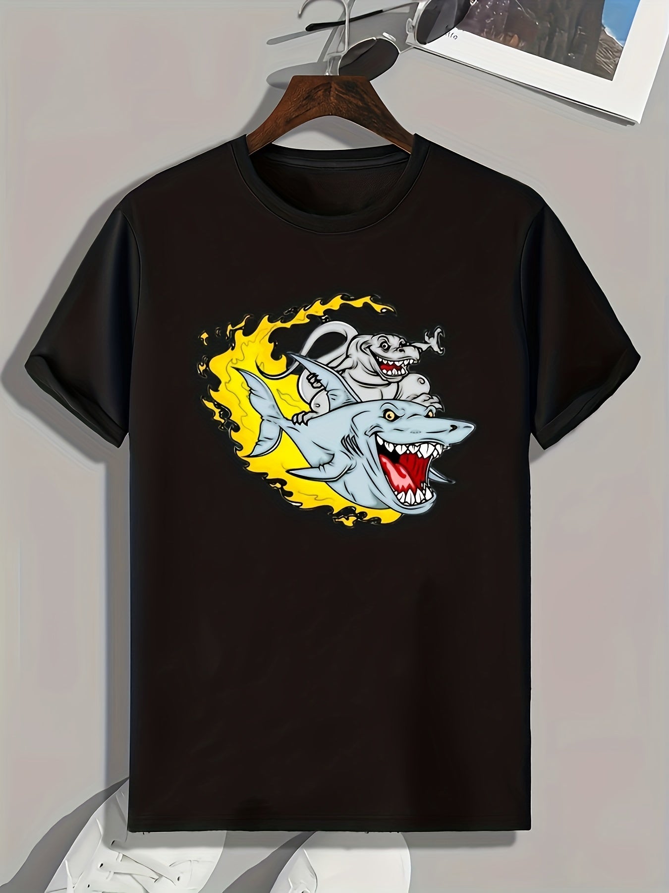 Shark & Monster Print Men's Graphic Tee for Summer