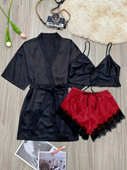 3 Piece Satin Pajama Set with Lace Trim Shorts