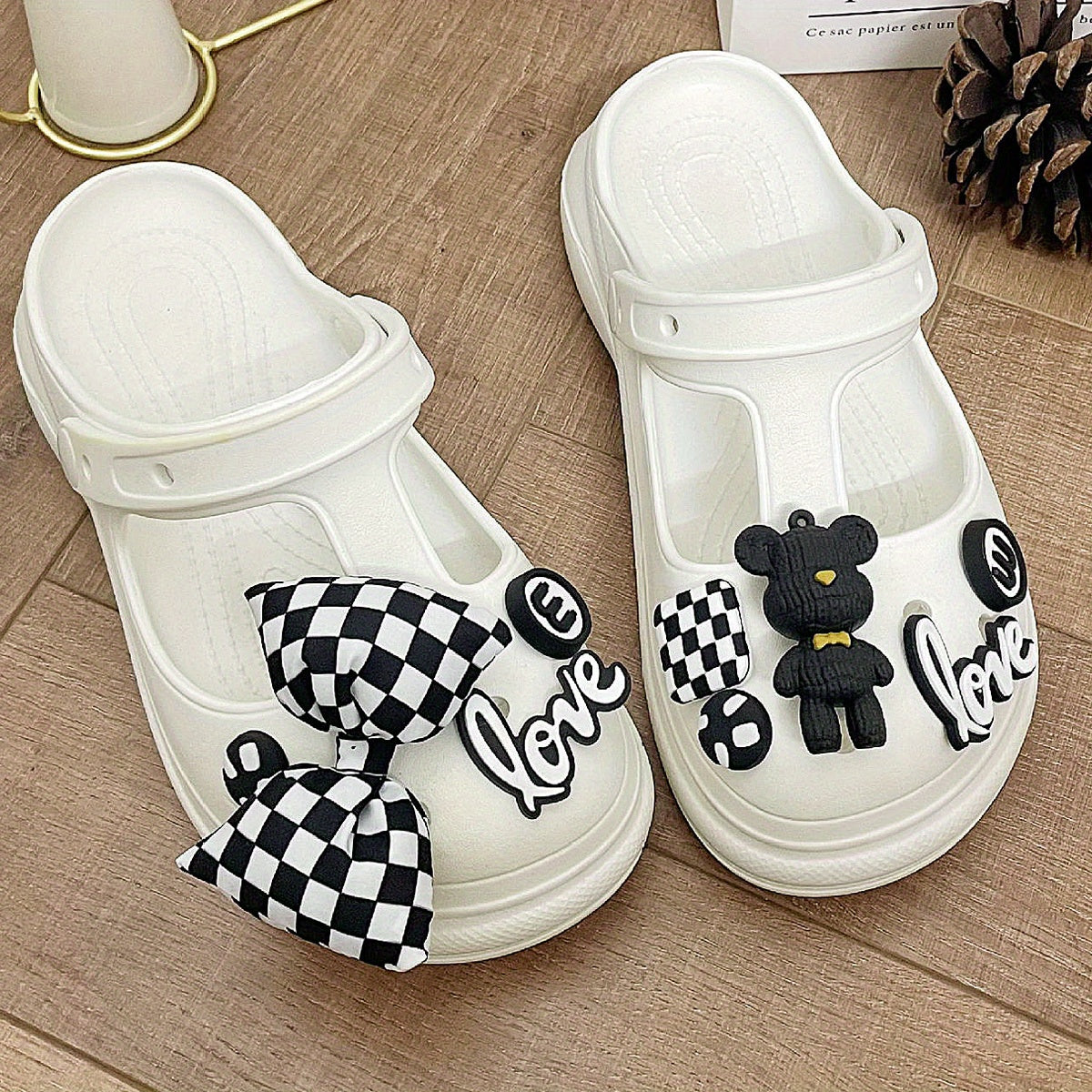 Women's Chunky Heel Clogs Bow &bear Charms T-Strap Sandals