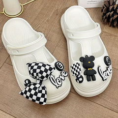 Women's Chunky Heel Clogs Bow &bear Charms T-Strap Sandals