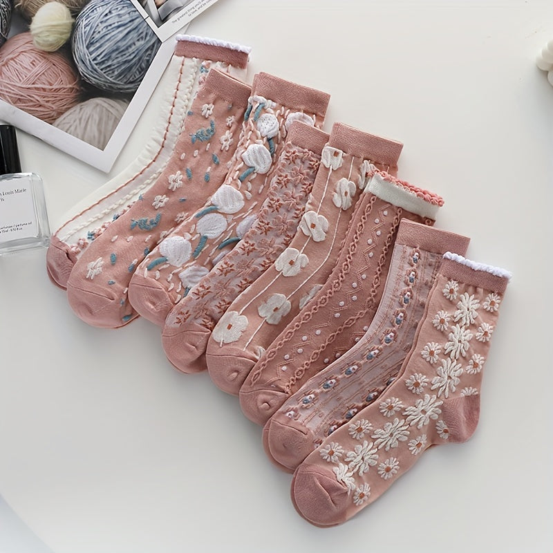 6 Pairs Floral Print Socks Women's Stockings