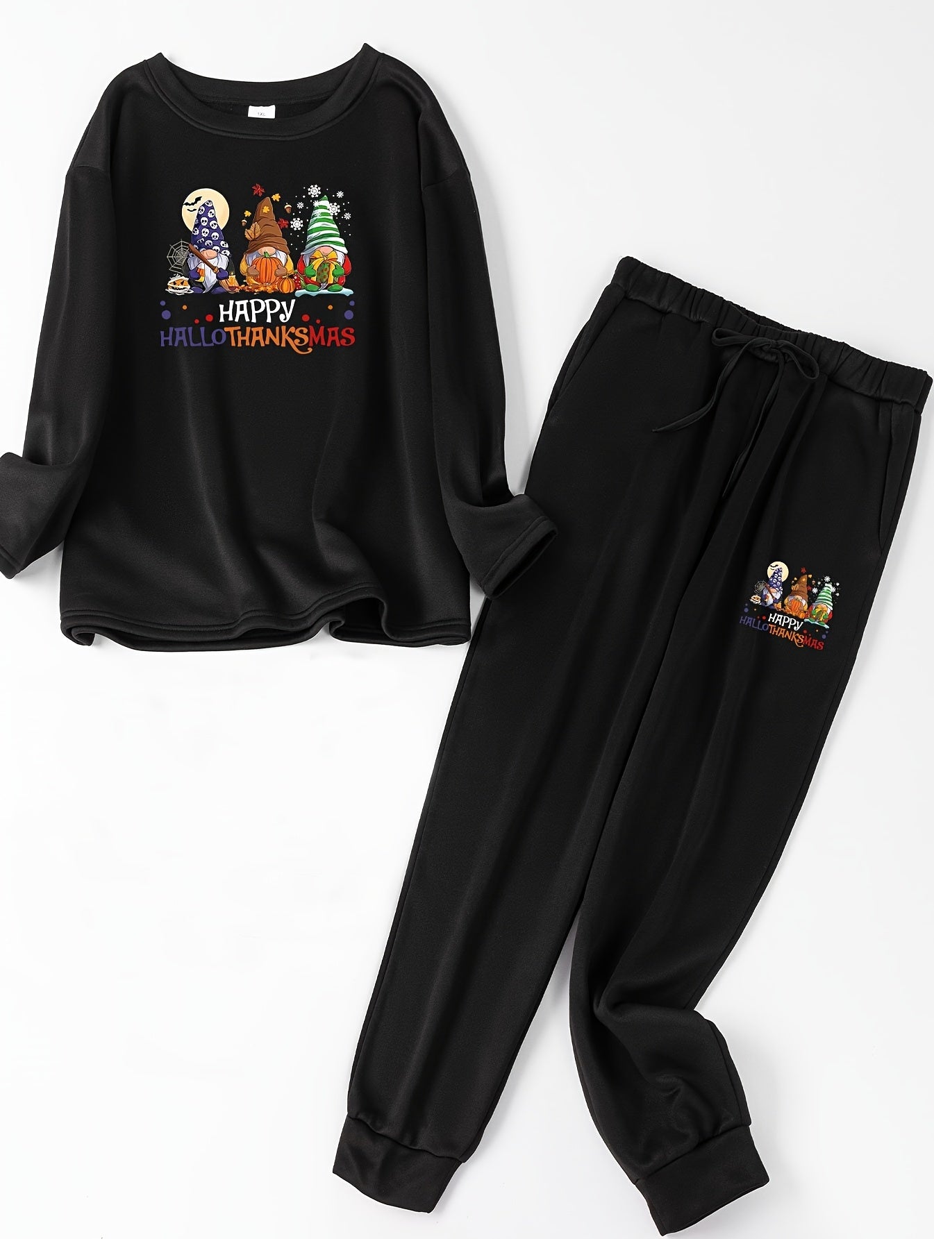 Plus Size Gnomes & Letter Print Fleece Top and Joggers Pajama Set