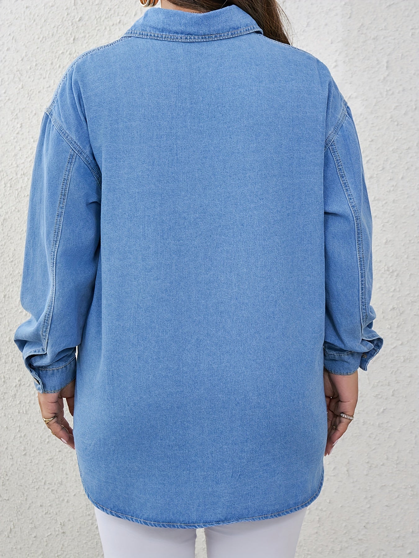 Casual Denim Blouse Women's Plus Solid Pipping Button Up Long Sleeve