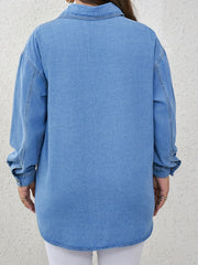 Casual Denim Blouse Women's Plus Solid Pipping Button Up Long Sleeve