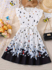 Girls Butterfly Graphic Princess Dress with Ruffle Trim & Belt for Party & Beach