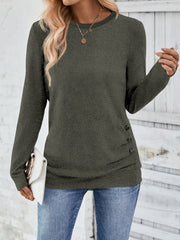 Solid Button Decor Long Sleeve Knit Top