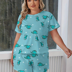 Plus Dinosaur Print Tee & Pants Set Women's Plus Size Loungewear 2pcs Set