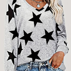 Star Print V Neck Sweatshirt Casual Long Sleeve Pullover for Spring & Fall