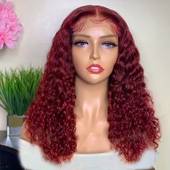 Burgundy Short Curly Bob Human Hair Wigs 180 Density Lace Frontal Wigs