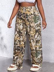 Plus Leaf Print High Rise Wide Leg Cargo Jeans With Pockets
