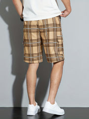 Plaid Drawstring Cargo Shorts with Pockets for Men