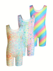 3pcs Girls Rainbow Stripped 1 piece Gymnastics Romper Set