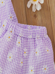 Girls Summer Plaid & Flowers Outfit Short Sleeve T shirt & Shorts Set