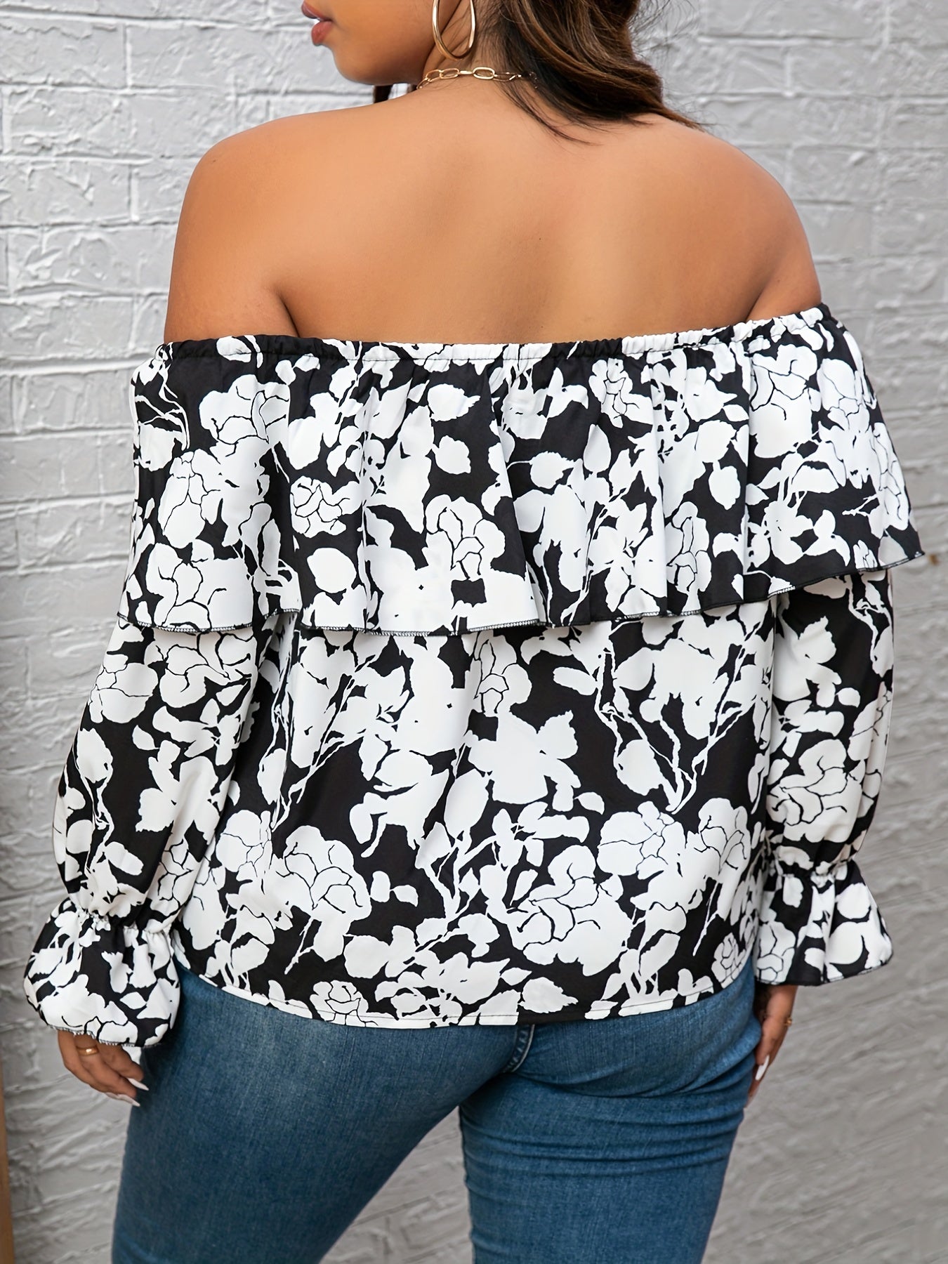 Floral Print Off Shoulder Ruffle Trim Top - Plus Size