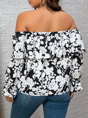 Floral Print Off Shoulder Ruffle Trim Top - Plus Size
