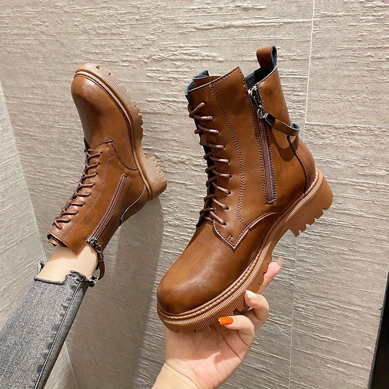 Women's Solid Combat Boots Stylish Round Toe Side Zipper Boots