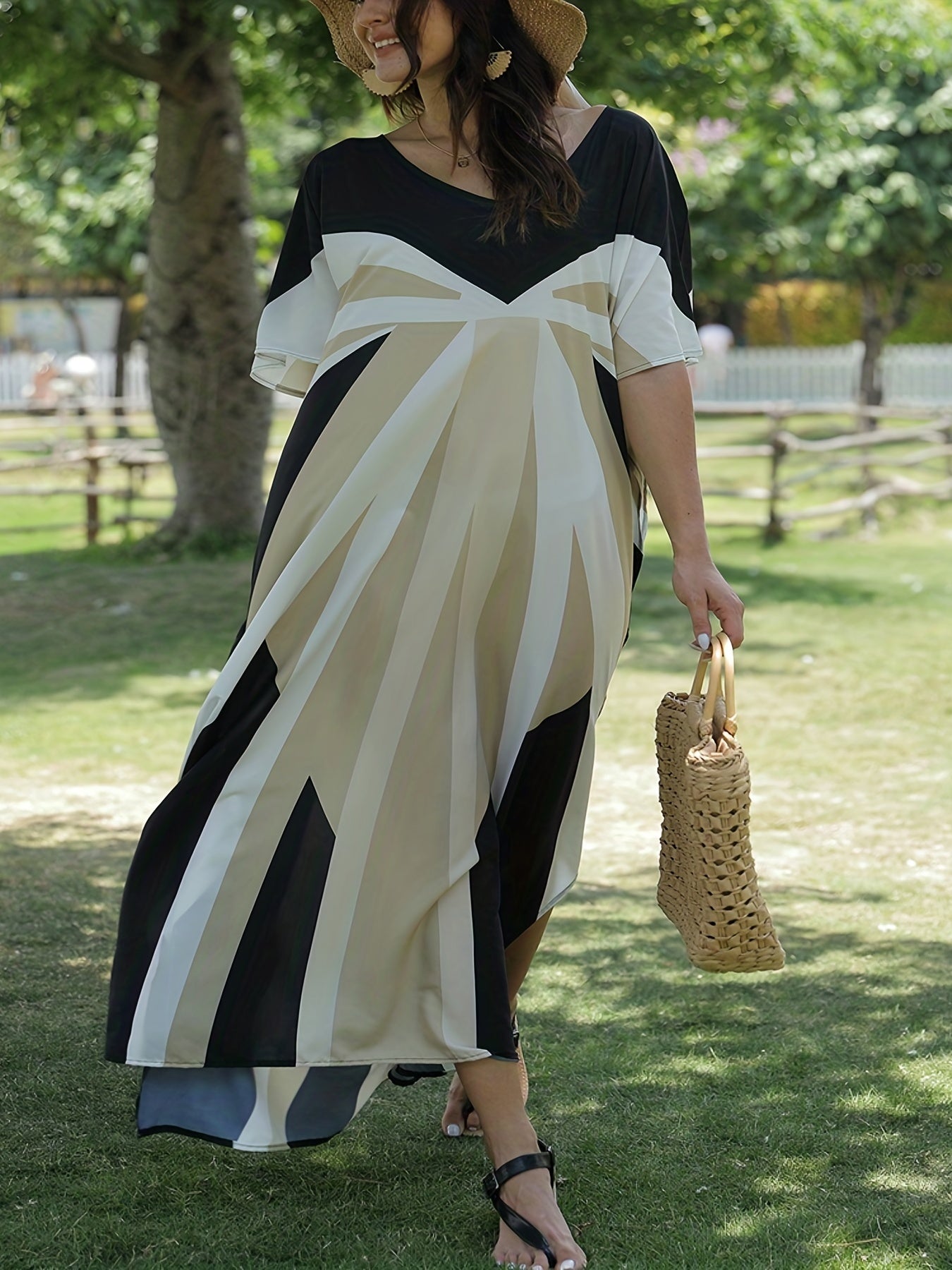Geometric Print V-Neck Cover Up Dress