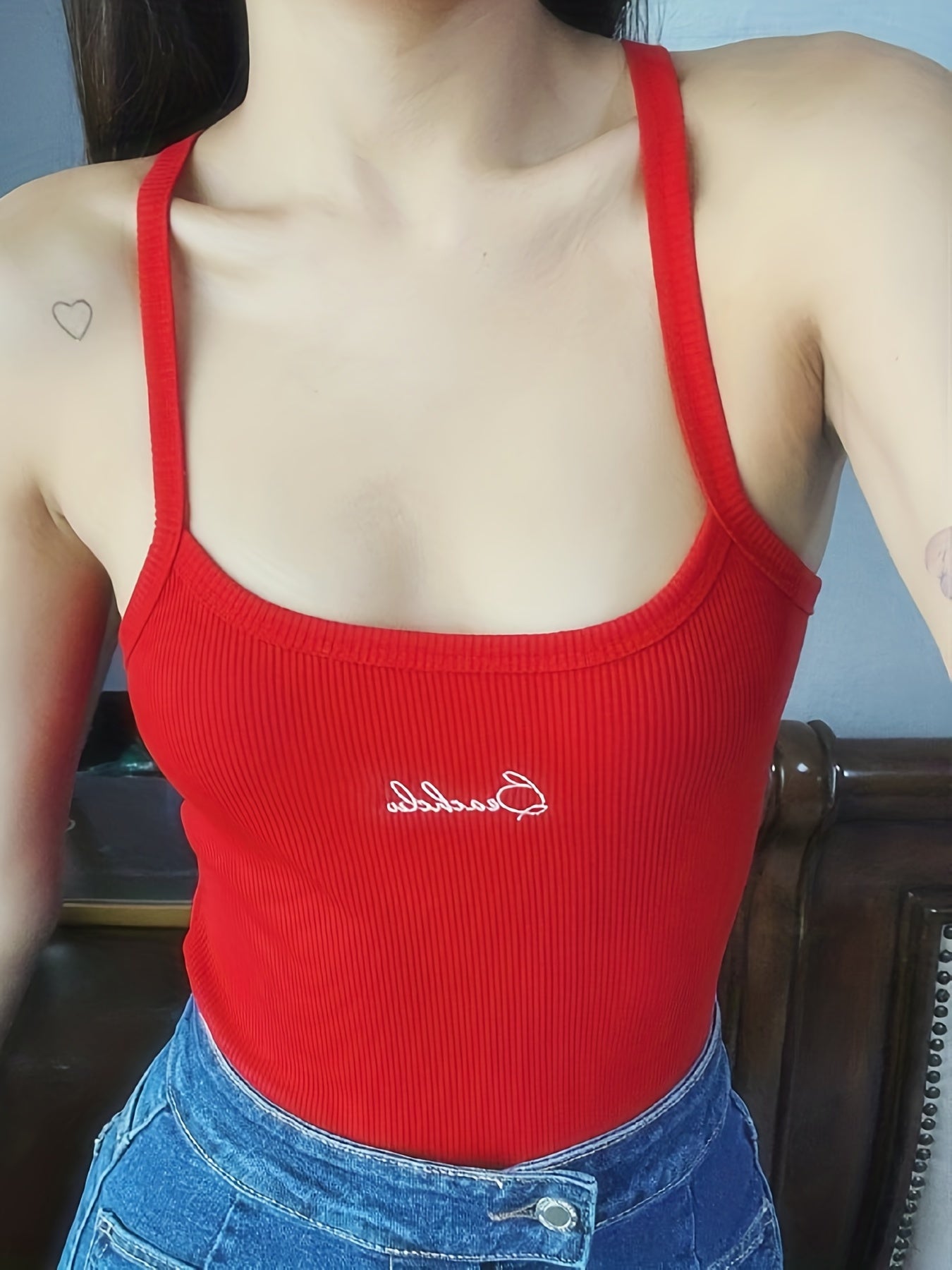 Letter Embroidery Cami Bodysuit