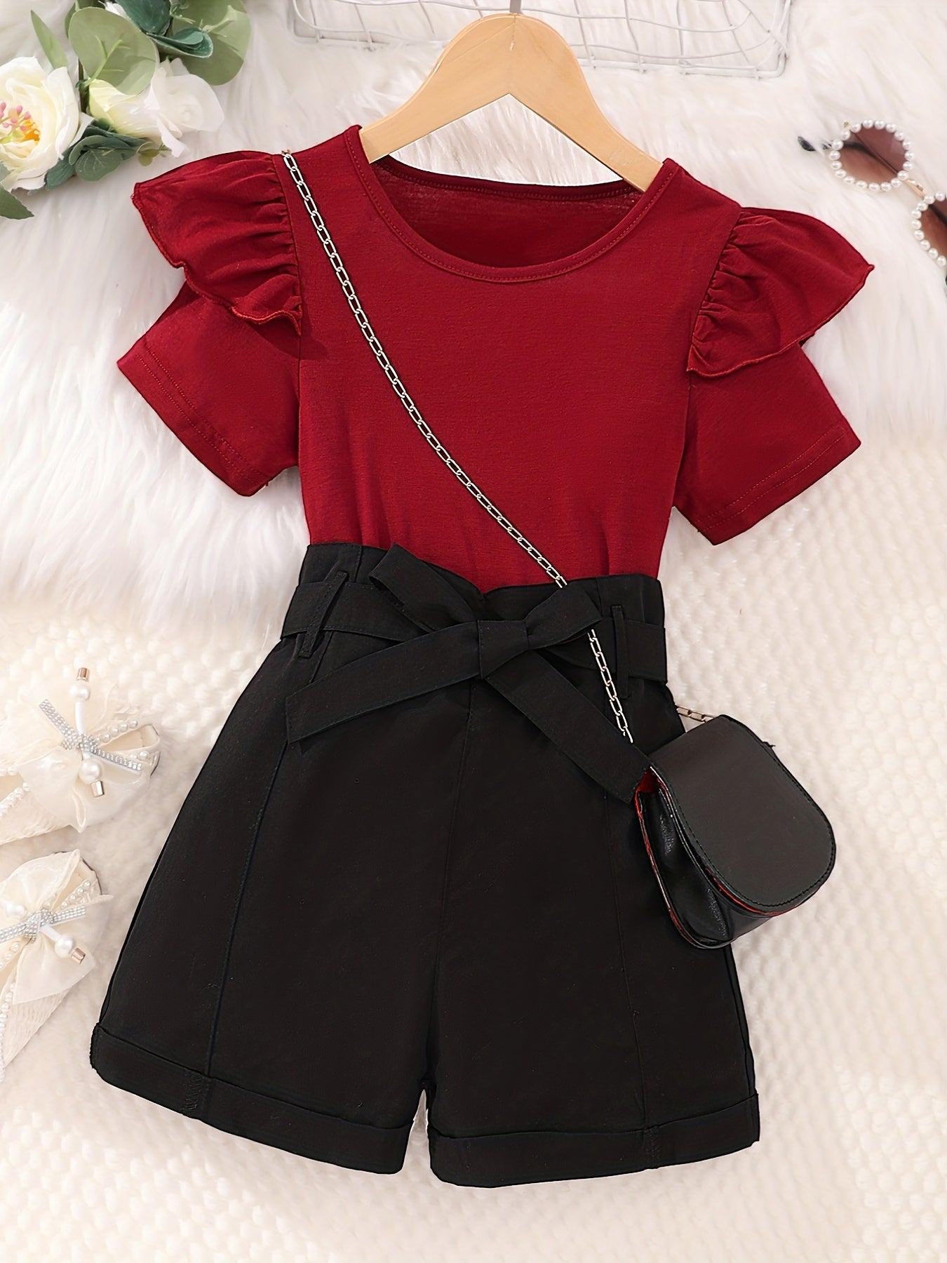 Girl's Ruffle Short Sleeve T shirt & Shorts Set with Bow Belt