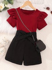 Girl's Ruffle Short Sleeve T shirt & Shorts Set with Bow Belt
