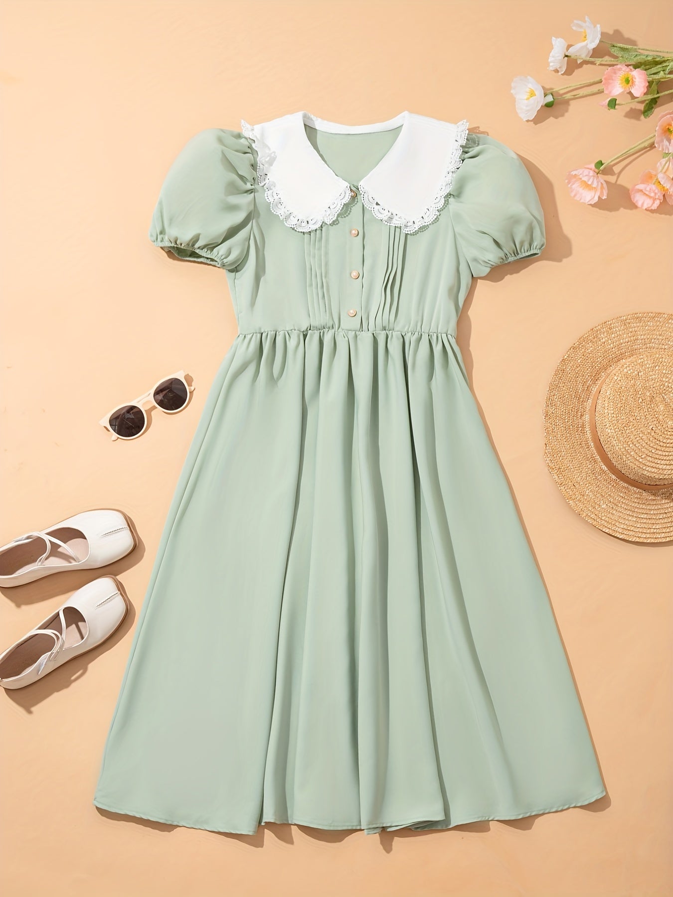 Girls Lace Collar Bead Button Short Sleeve Dress for Party Vacation